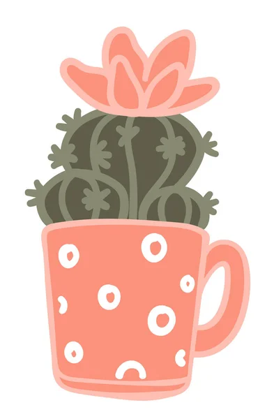 Blooming cactus growing in cup with handle vector — Stock Vector