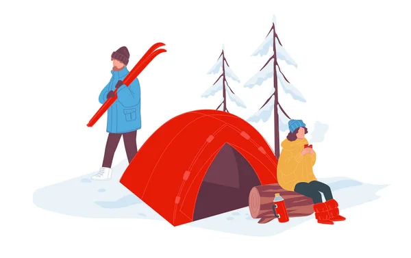 Camping de invierno y relajarse en vacaciones de invierno — Vector de stock