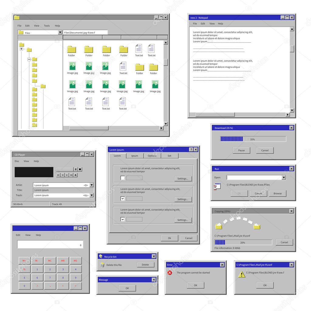 Windows on computer screen, info on monitor vector