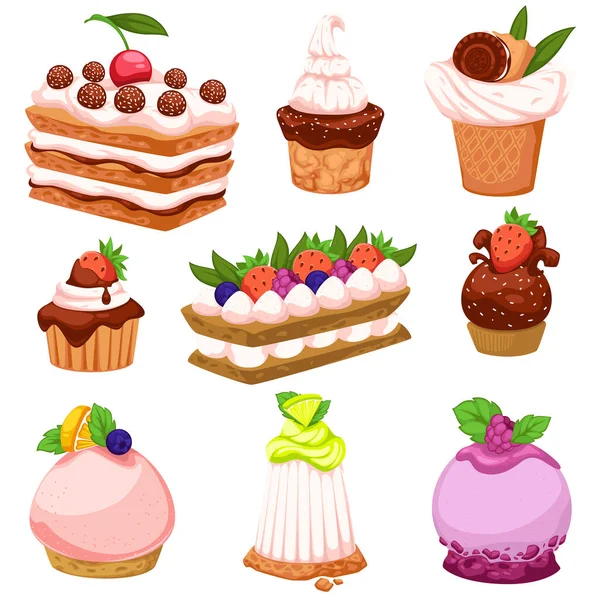 Bakery products, desserts and sweets, fruit cakes — Stock Vector