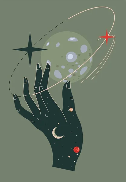 Αγγίζοντας το χέρι φεγγάρι ή τον πλανήτη φαντασίας, το διάστημα — Διανυσματικό Αρχείο