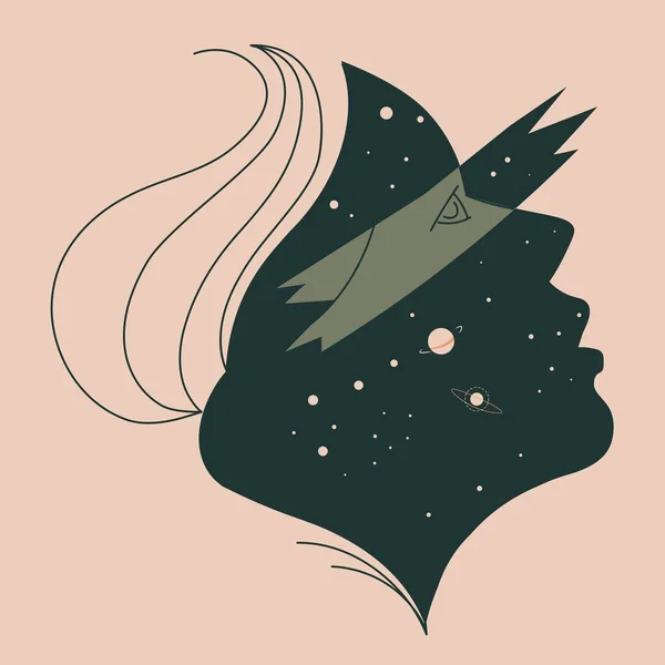 Minimalistische vrouw portret met sterren kosmos galaxy — Stockvector