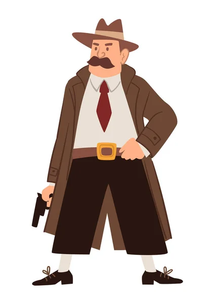 Old detective, investigator wearing coat with gun — Stock Vector