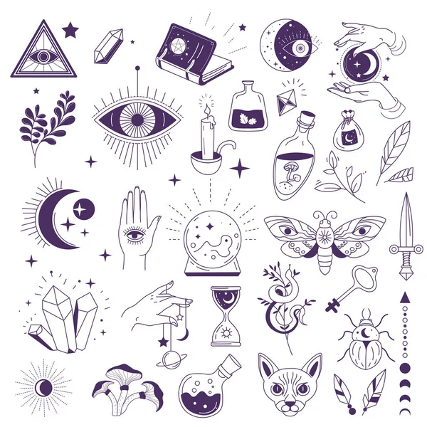 Magic and mystic, symbols of witchcraft and occult — Stock Vector