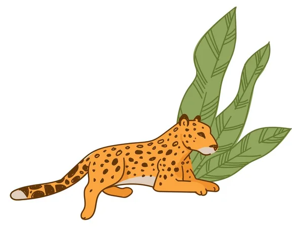 Leopardo o guepardo descansando bajo hojas anchas flora — Vector de stock