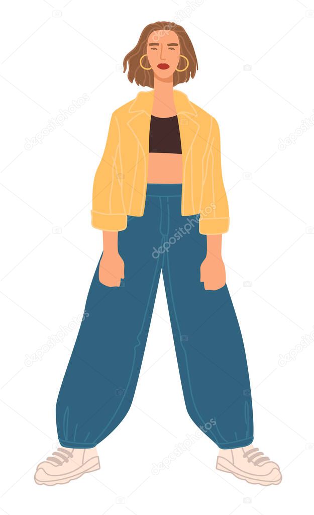 Fashionable look of teenager, model with outfit