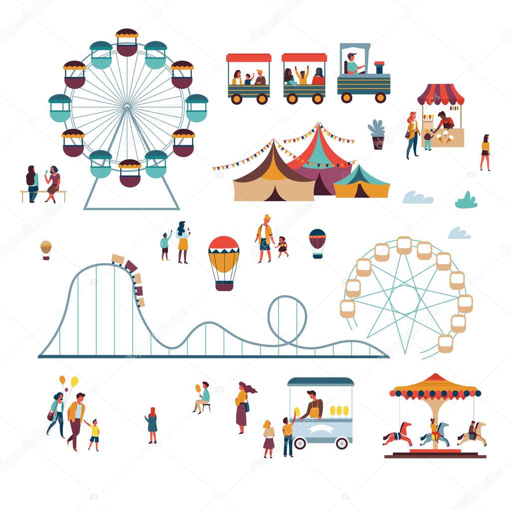 Attractions and big top circus amusement park ice cream vector roller coaster and air balloon