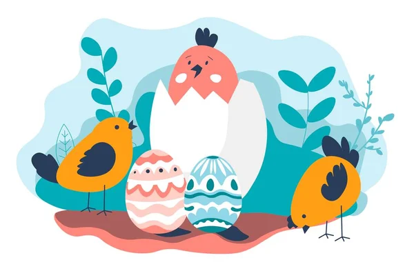 Γιορτή του Πάσχα, κοτόπουλο και αυγά μπογιάς — Διανυσματικό Αρχείο