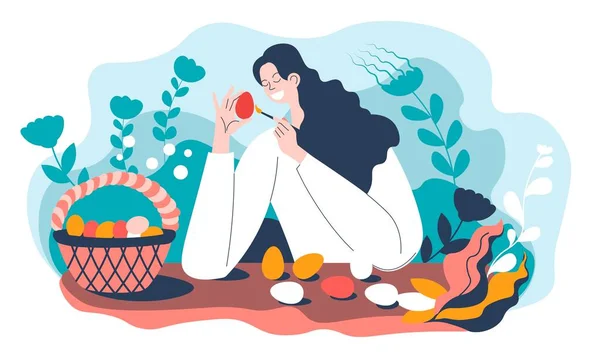 Жінка малює яйця для святкування Великодня — стоковий вектор
