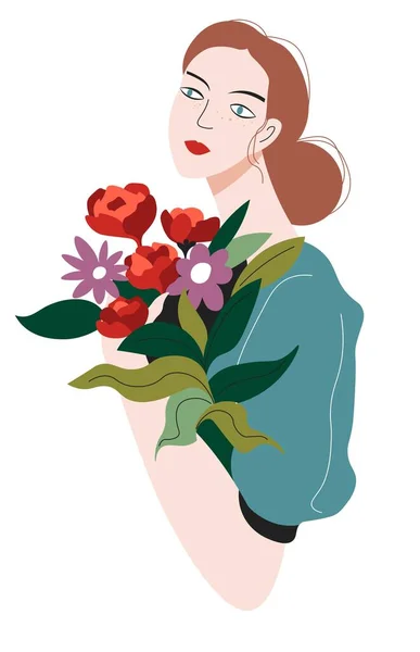 Personaje femenino reflexivo con ramo de flores — Vector de stock