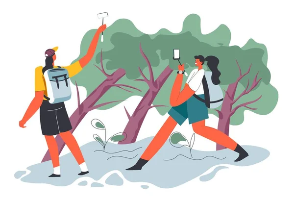Backpacker, die mit dem Handy im Park oder Wald unterwegs sind — Stockvektor