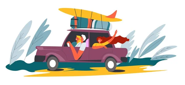Personnes conduisant voiture à la mer, van avec planche de surf — Image vectorielle