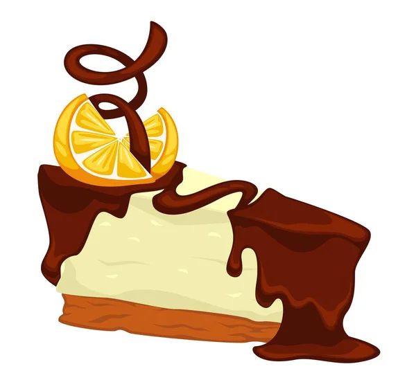 Tarta de chocolate con rebanada de naranja y cobertura — Vector de stock