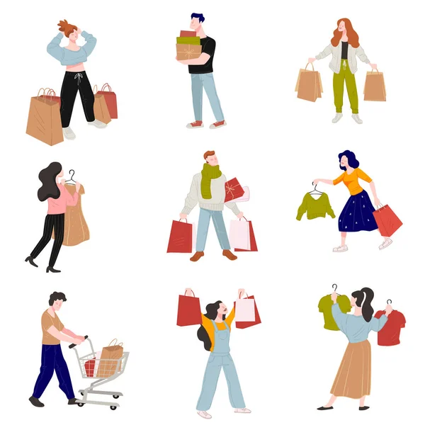 Winkelende mensen met tassen, dozen en cadeautjes — Stockvector