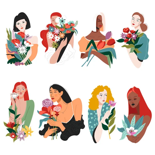 Счастливые женщины с букетами цветов на праздники — стоковый вектор