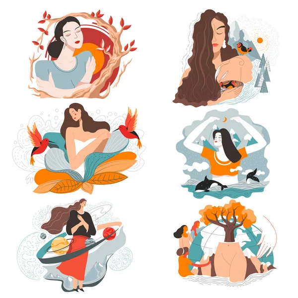 Power of woman, mother nature symbolic character — Stock Vector