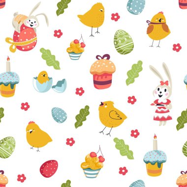 Paskalya bayramı tabelası pasta ve kuşlar, tavşan Flora