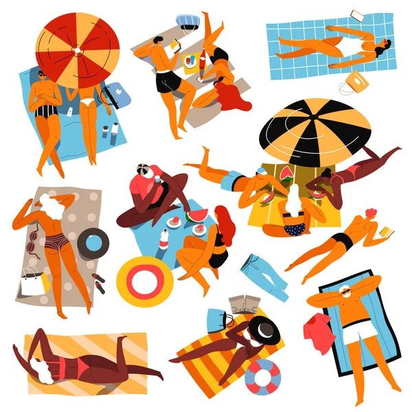 People sunbathing and resting by seaside vector — Stock Vector