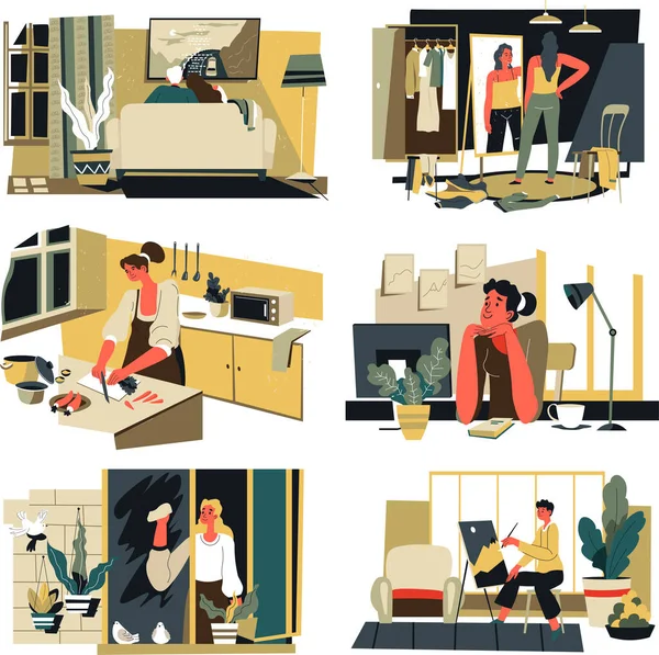 People spending time at home doing chores vector — Stock Vector