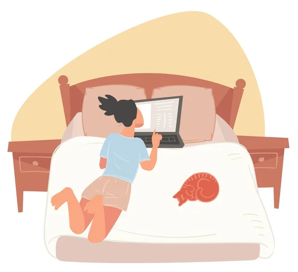 Yatakta dizüstü bilgisayarda kadın karakter tarama ağı — Stok Vektör