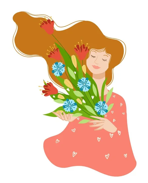 Smiling young woman holding flowers bouquet vector — Stock Vector