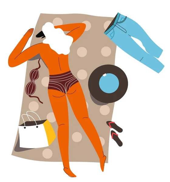 Mulher tomando banho de sol no cobertor, descansando senhora no sol —  Vetores de Stock