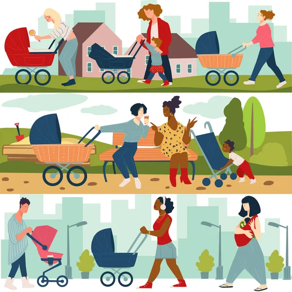 Mamá caminando al aire libre con cochecito y bebé recién nacido — Vector de stock