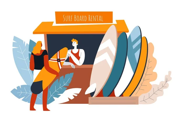 Noleggio tavola da surf punto in riva al mare o vettore spiaggia — Vettoriale Stock