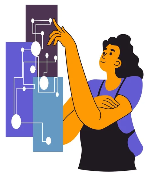 Femme avec des schémas électroniques, scientifique au travail — Image vectorielle