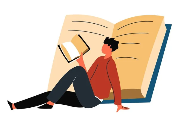 Personnage masculin adulte ou étudiant lisant des livres — Image vectorielle