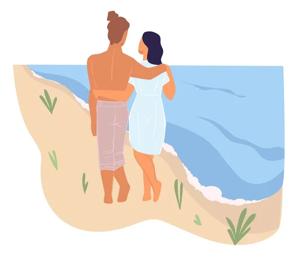 Uomo e donna che camminano lungo la spiaggia con vettore del mare — Vettoriale Stock