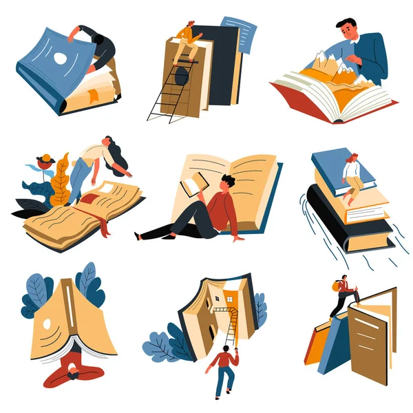 Personas que leen libros, estudiantes que se inclinan información — Vector de stock