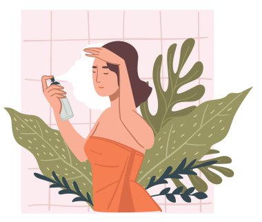Female character caring for facial beauty using spray for refreshing color and rejuvenating. Lady wrapped in towel in bathroom of home or hotel. Spa procedures and treatment. Vector in flat style clipart
