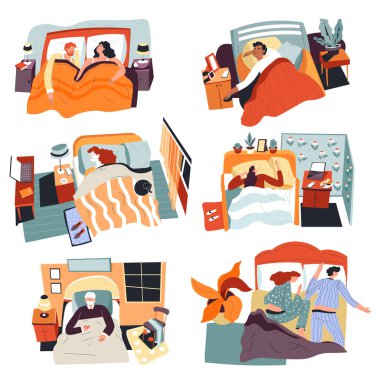 Genç ve yaşlı karakterler evdeki yataklarda uyur. İnsanlar rahat yastıkların üzerine uzanır ve battaniyelerle kaplanırlar. Çalışkan günlerden sonra dinlenen ve uyuyan insanlar. Düz biçimli vektör