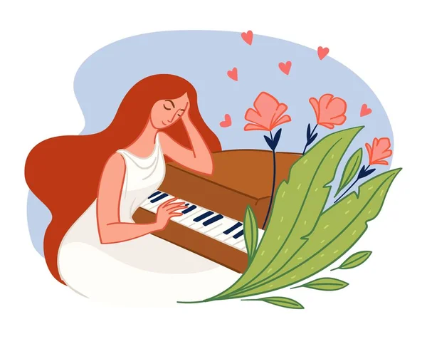 Femme Élégante Tendre Jouant Piano Chansons Mélodies Féminines Étudier Instrument — Image vectorielle