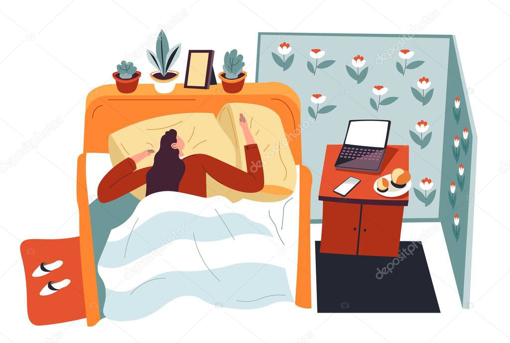 Female character sleeping in bed, resting teenager covered with blanket. Nightstand with laptop and buns on plate. Shelf with plants and photo in frame. Dormitory or room. Vector in flat style