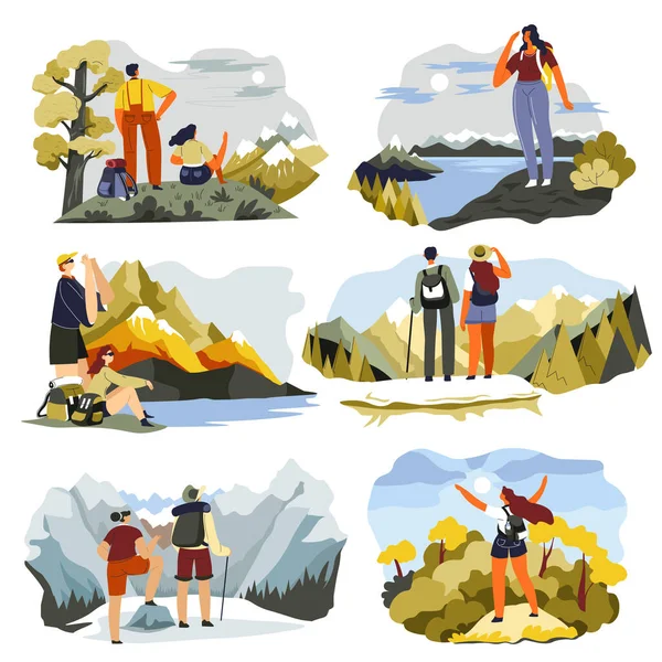 Активные Туристы Походы Походы Горы Люди Исследуют Природу Стоят Вершине — стоковый вектор