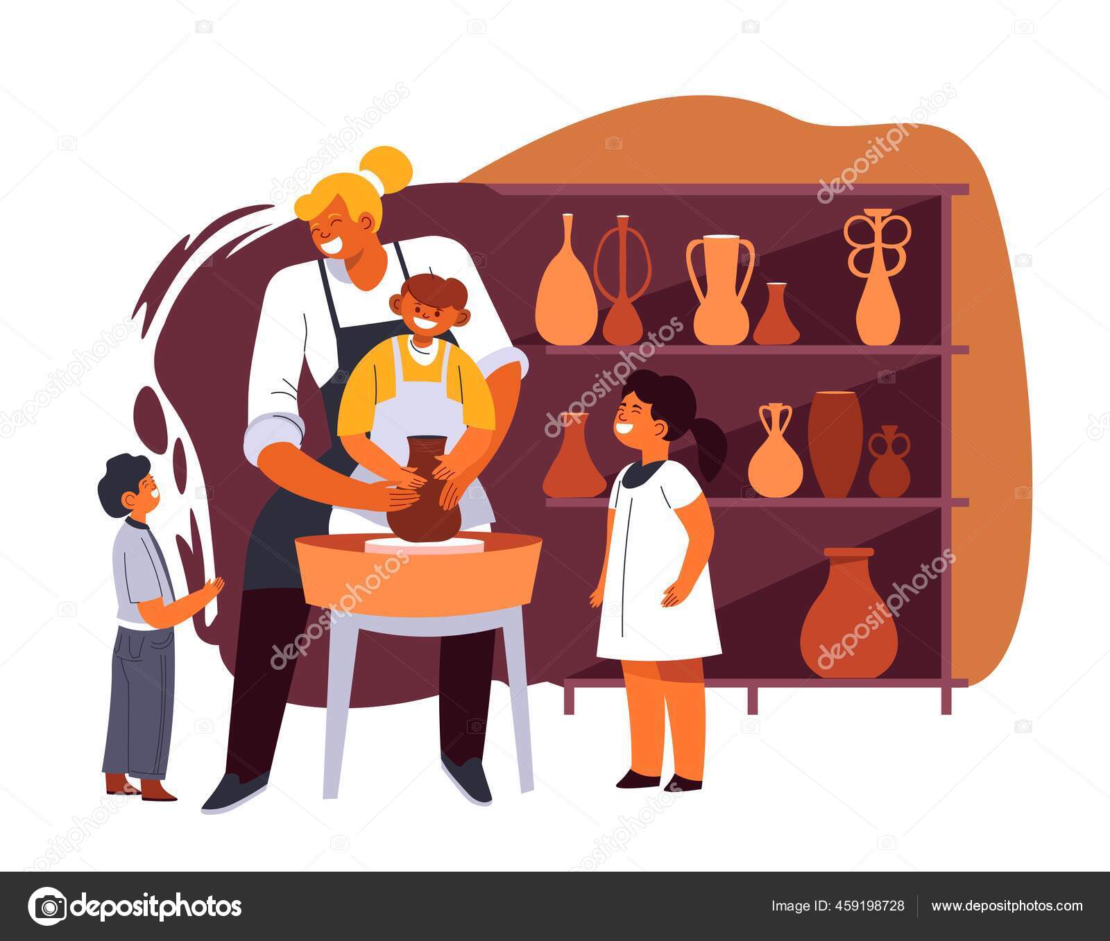 Pottery class of hobby of children, kids in lesson Stock Vector by