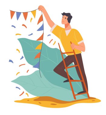 Parti için dekoratif bayraklar asan erkek karakter