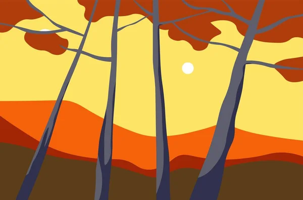 Paisagem de outono com árvores e vetor de vista do pôr do sol — Vetor de Stock