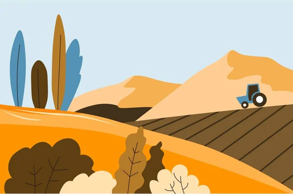 Paysage automnal de la récolte des champs et tracteurs — Image vectorielle