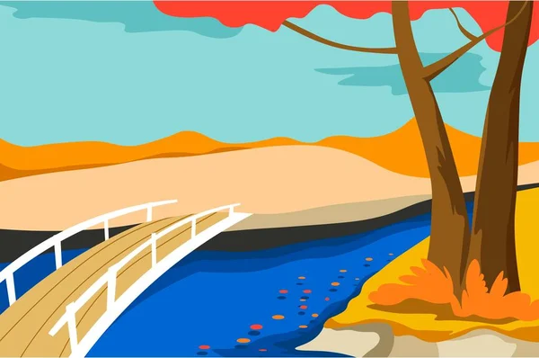 Paisagem de outono com lago ou lagoa e ponte — Vetor de Stock