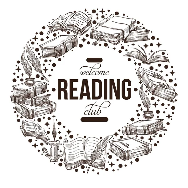 Λέσχη ανάγνωσης, vintage έμβλημα ή ετικέτα με βιβλία — Διανυσματικό Αρχείο