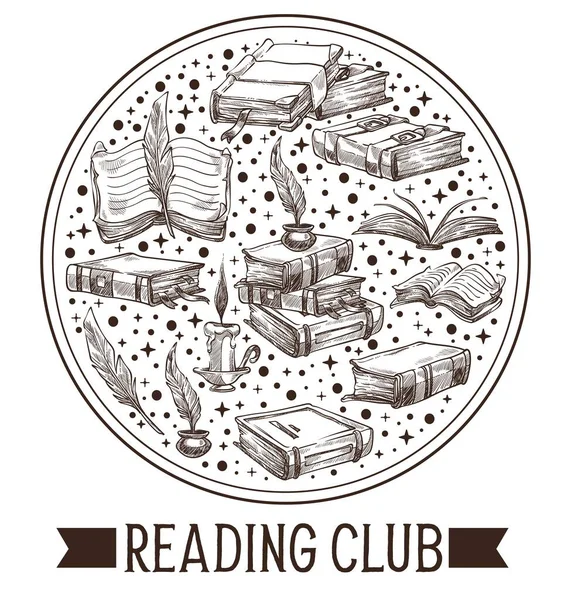 Leseclub, Bücher und Vintage Tusche Feder Emblem — Stockvektor