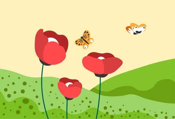Pré d'été ou de printemps, coquelicot avec papillon — Image vectorielle