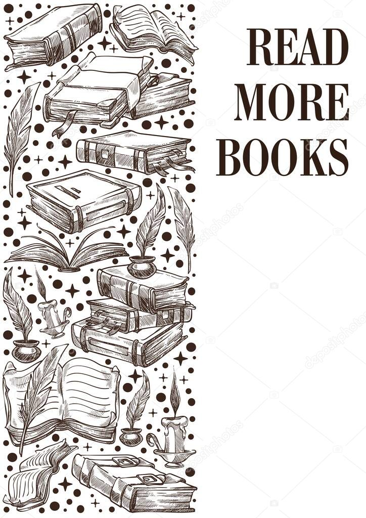 Read more books, vintage banner with textbooks