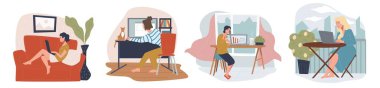 Uzak ya da uzak mesafelere çalışan insanlar. Dizüstü bilgisayarı ve kişisel bilgisayarı olan kadın ve erkek, iş yerinde ya da ofiste serbest çalışanlar. Çalışan, teknoloji ve cihazları kullanıyor. Düz biçimli vektör