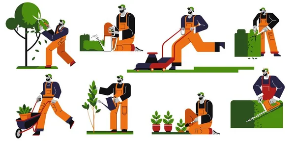 Jardinería hombre cortar hojas de árboles, arbustos ramitas — Vector de stock