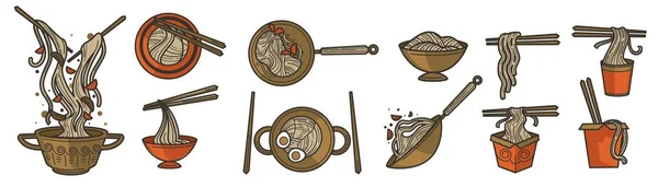 Noddles és tészta, ázsiai wok ételek és konyha — Stock Vector