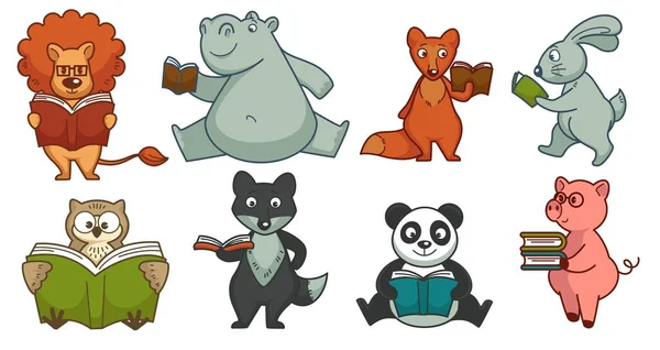 Personajes animales leyendo libros y estudiando conjunto — Vector de stock